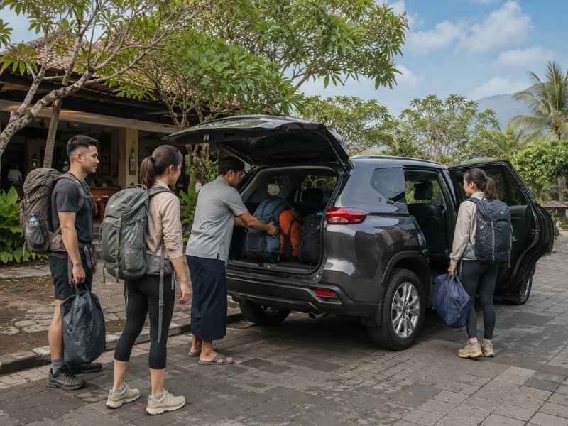 Driver membantu wisatawan memuat carrier ke mobil private Lombok