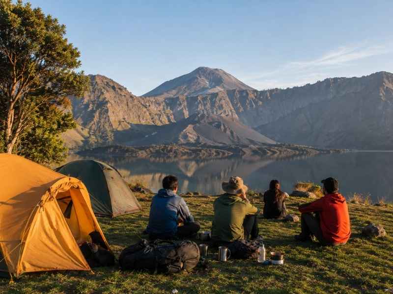 Tenda pendaki di tepi Danau Segara Anak saat pagi hari