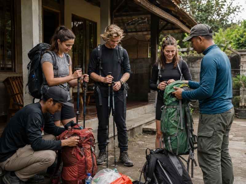 Wisatawan memeriksa perlengkapan trekking sebelum mendaki Rinjani