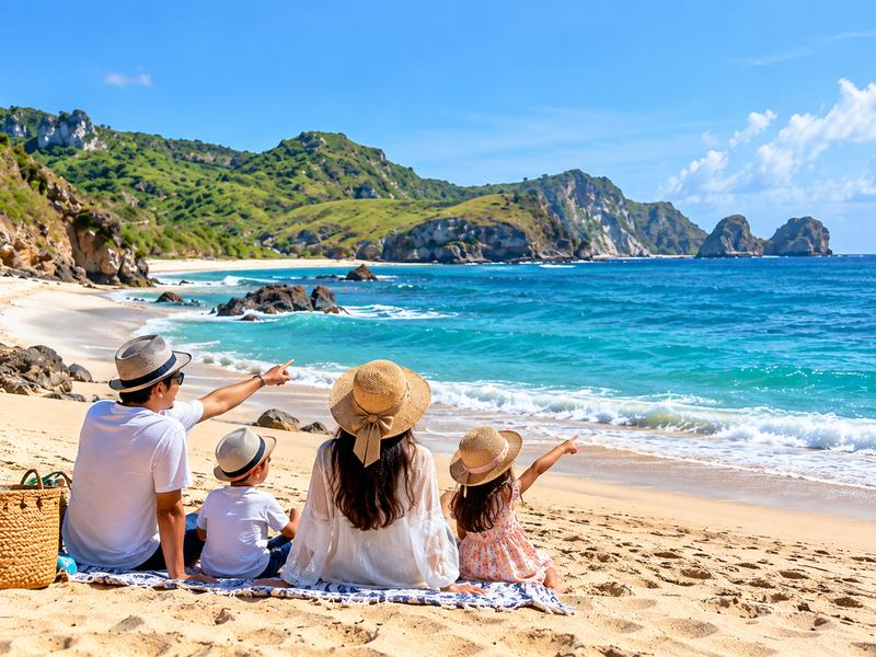 Keluarga menikmati suasana Pantai Mawi Lombok