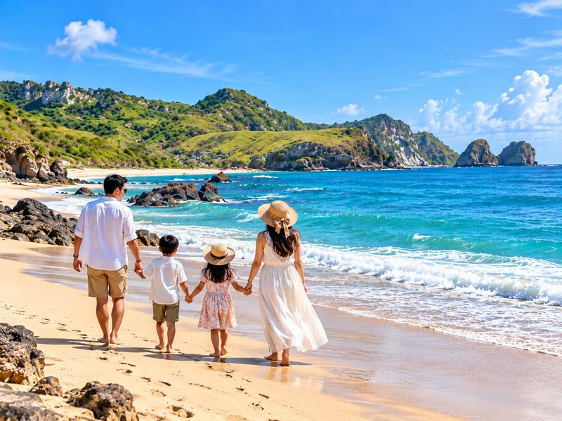 Suasana pantai di Lombok saat liburan keluarga
