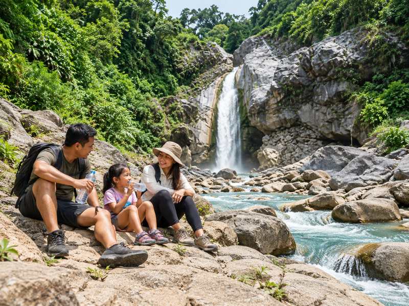 keluarga beristirahat di air terjun Mangku Sakti
