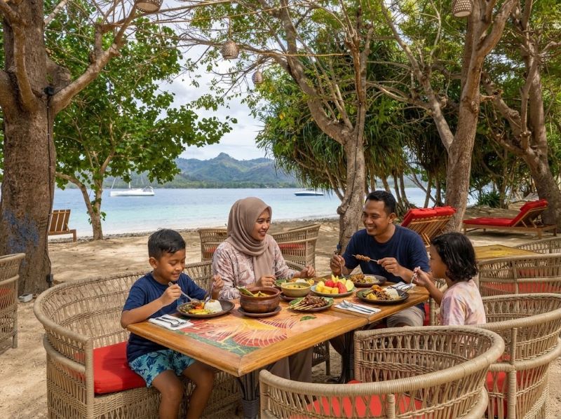 keluarga menikmati makan siang di Gili Asahan