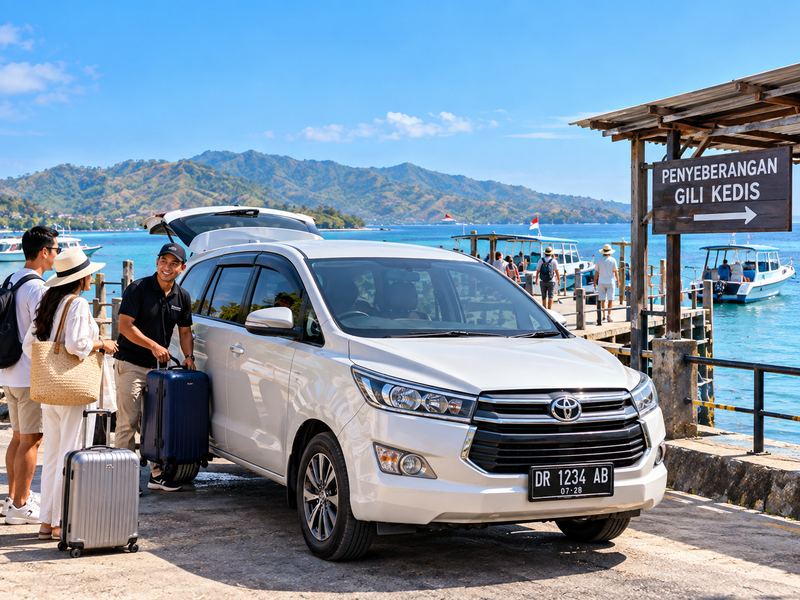 mobil dengan driver lokal menuju kawasan penyeberangan Gili Kedis