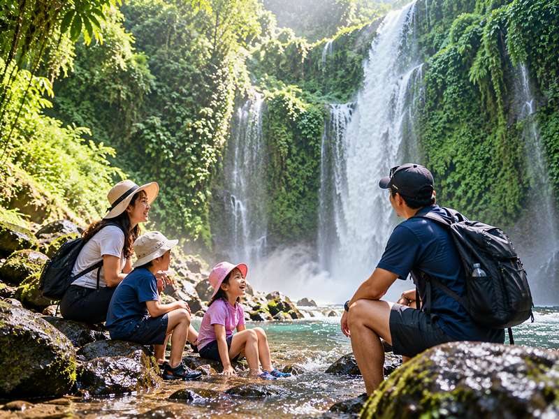 orang tua dan anak menikmati wisata Air Terjun Tiu Kelep di Lombok
