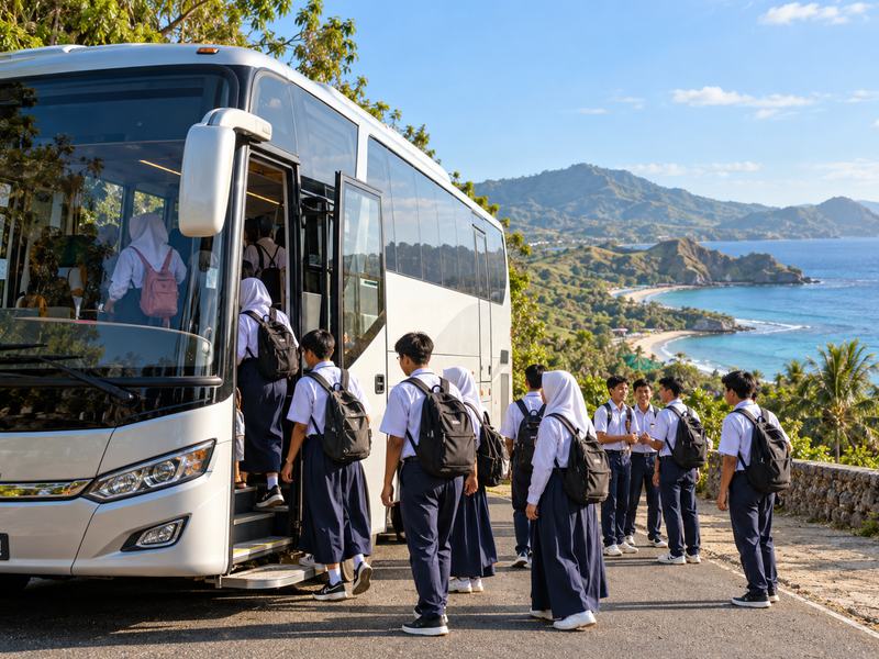 perjalanan rombongan sekolah dengan bus wisata di Lombok