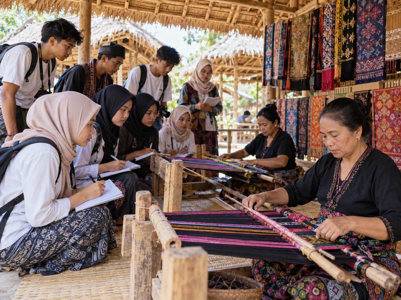 kegiatan study tour melihat kerajinan tenun Sukarara