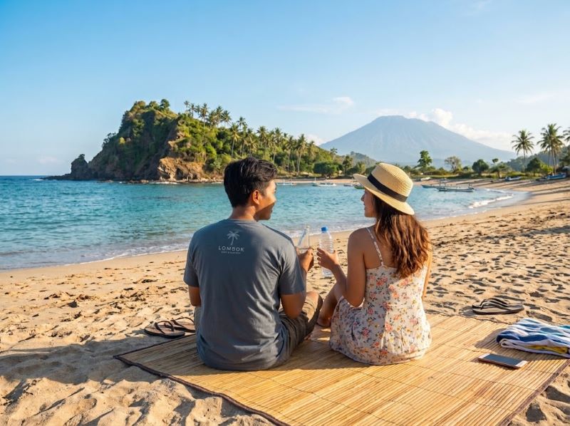 wisatawan sedang duduk di pantai malimbu