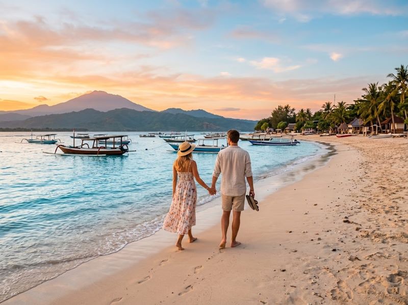 Pasangan berjalan santai di tepi pantai Gili Air