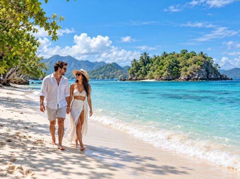 Pasangan berjalan santai di tepi pantai Gili Nanggu