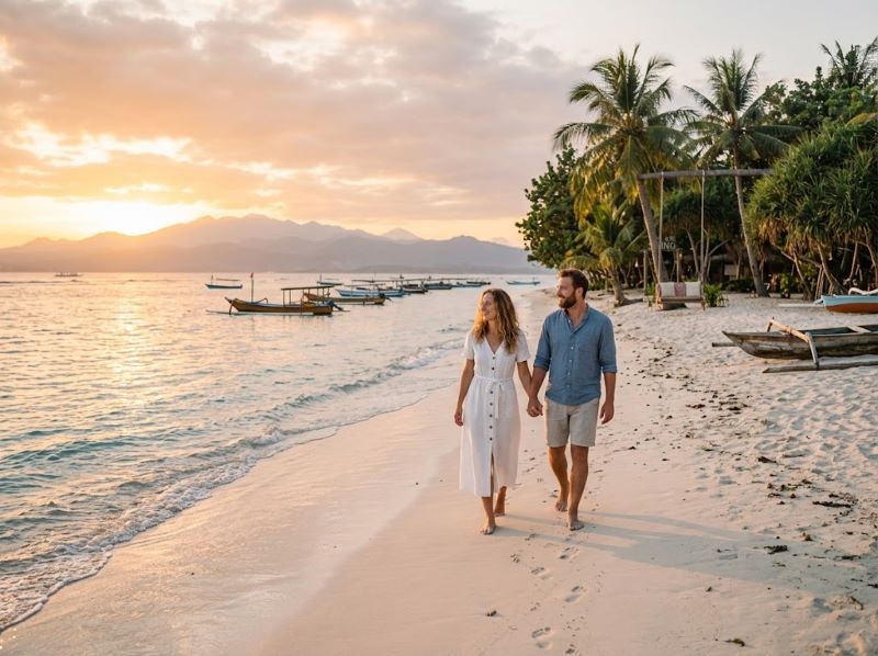 Pasangan berjalan santai menyusuri pantai berpasir putih di Gili Air