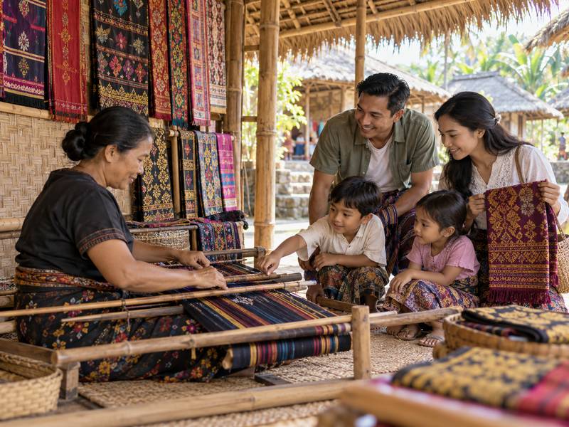 keluarga melihat proses tenun tradisional di Desa Sukarara