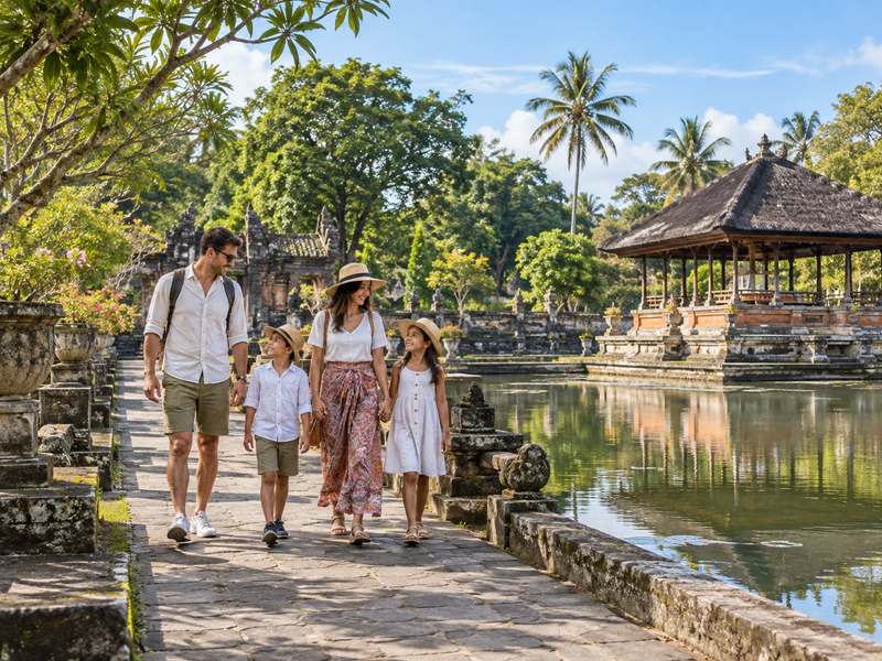 keluarga menikmati suasana kawasan Taman Mayura di Lombok