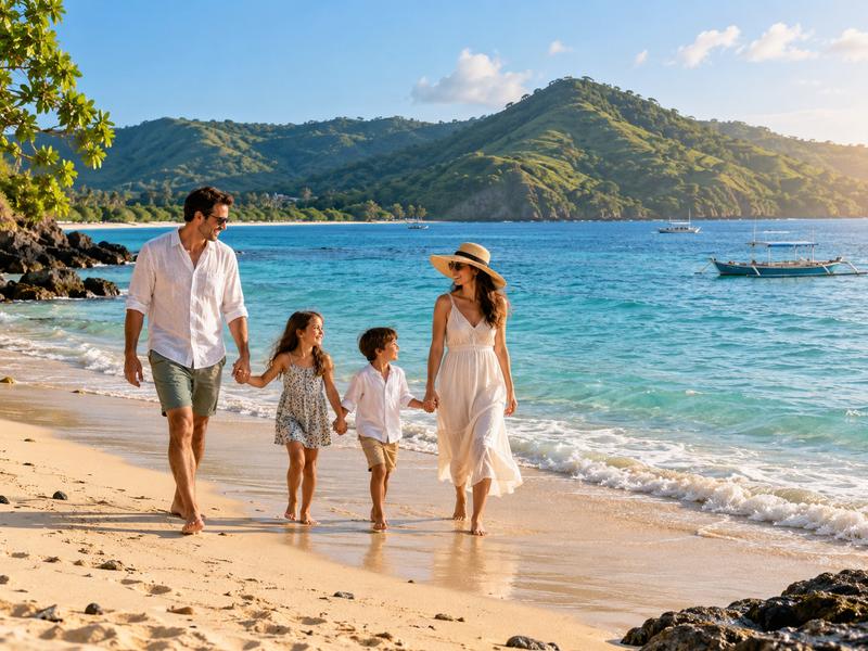 keluarga wisatawan menikmati ketenangan pantai sire
