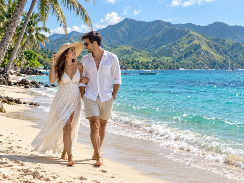 pasangan honeymoon menikmati suasana tenang di pantai sire
