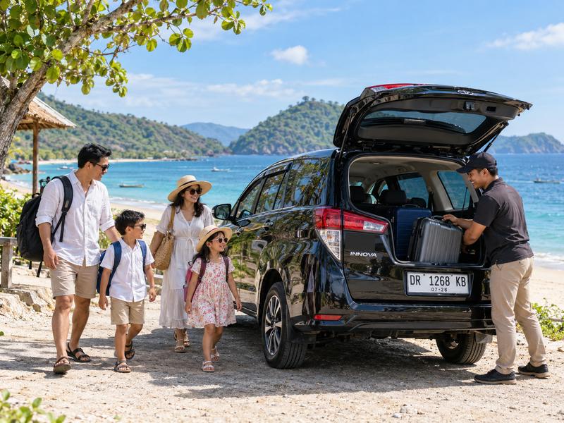 perjalanan keluarga menuju Pantai Sire dengan mobil nyaman