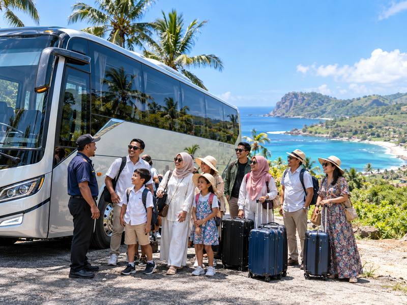 rombongan wisata menggunakan bus untuk keliling Lombok