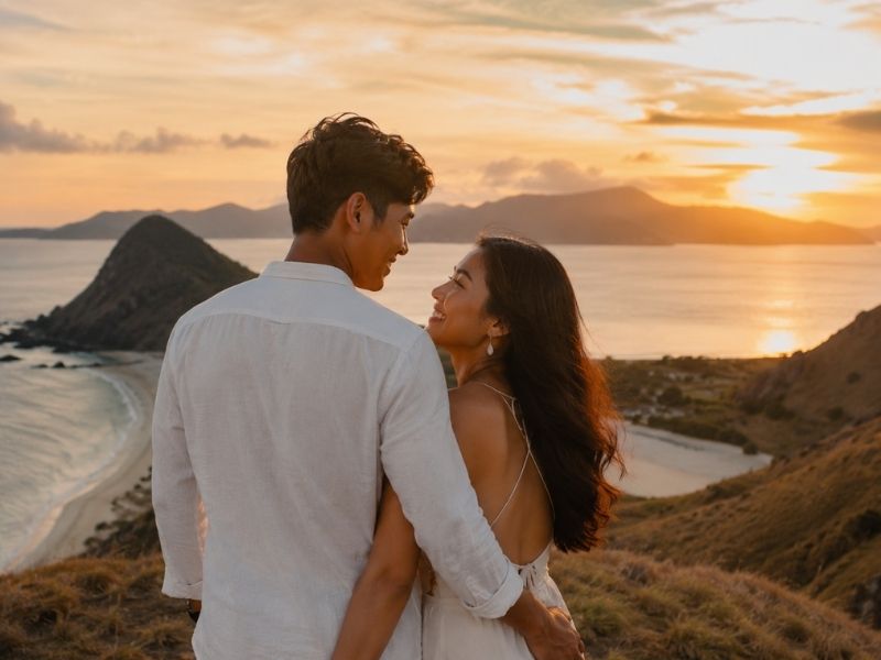 Pasangan honeymoon menikmati sunset di Bukit Merese Lombok
