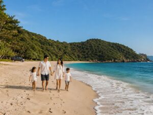 keluarga menikmati pantai mawi