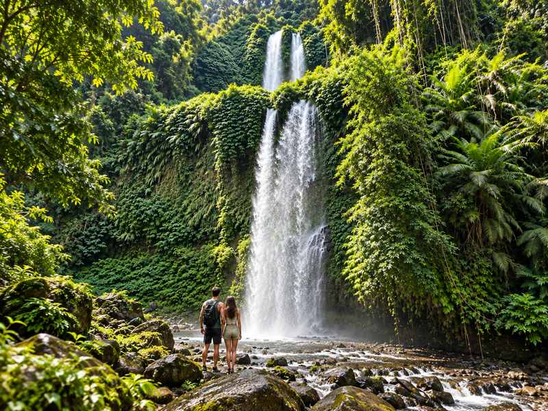 pasangan wisatawan di air terjun sendang gile